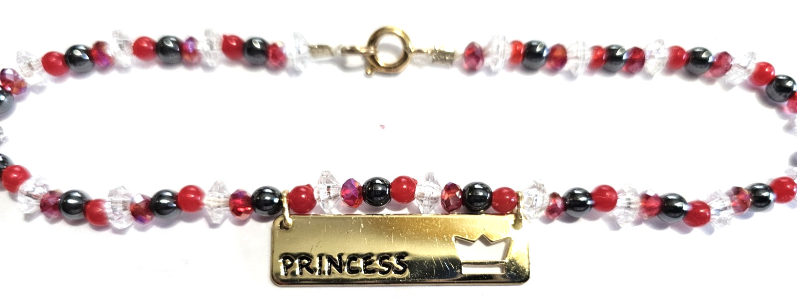 Red, Black, Crystal Beaded Anklet – with Golden PRINCESS Plaque- 10 1/2″