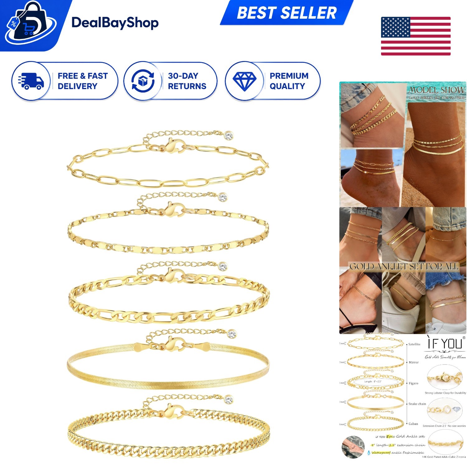 Exquisite 4k Gold Plated Cuban Link Ankle Bracelets Set – Adjustable 5pcs