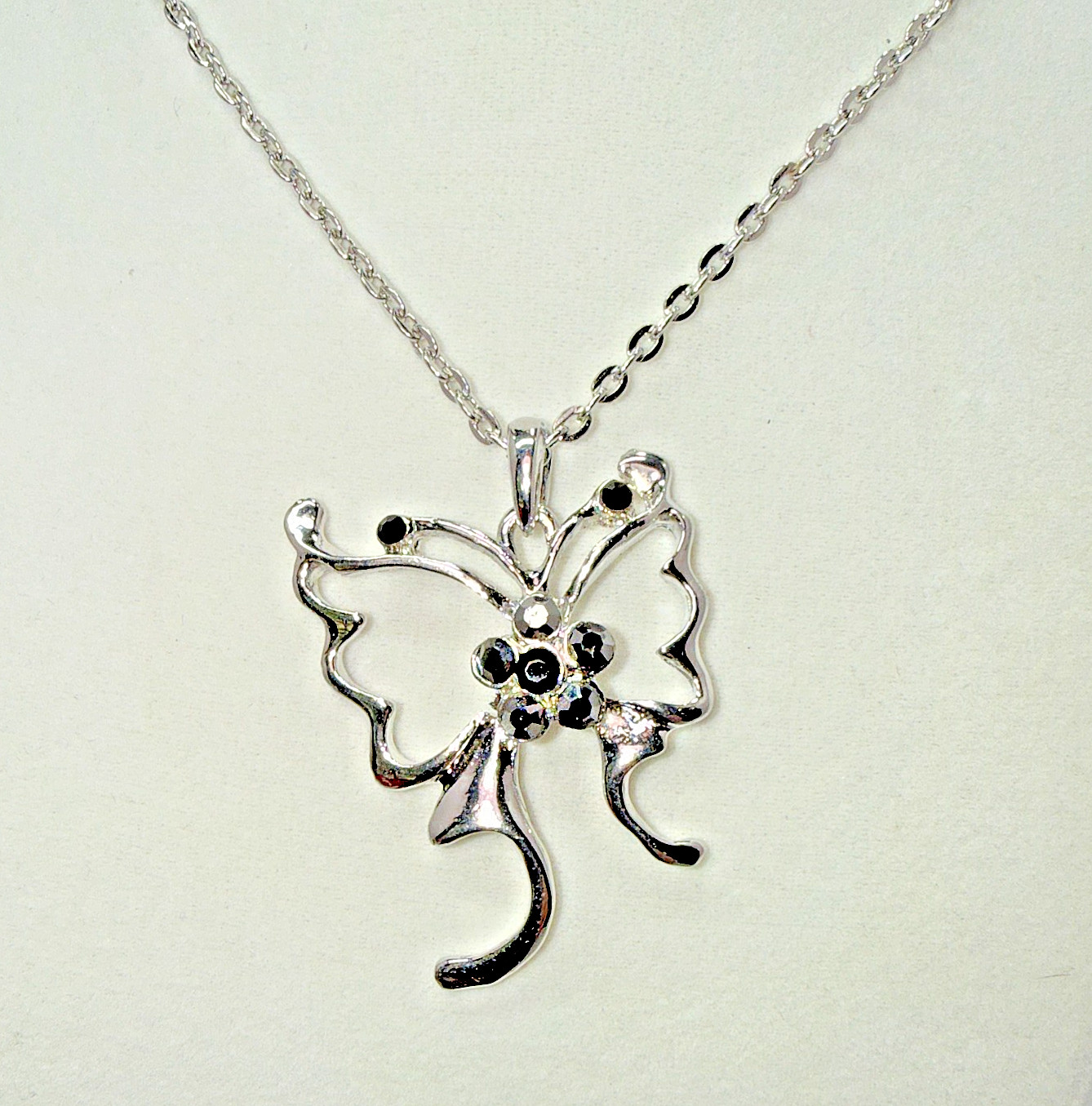 Silver Tone Openwork Ornate Butterfly Pendant Necklace Black Rhinestone Accent