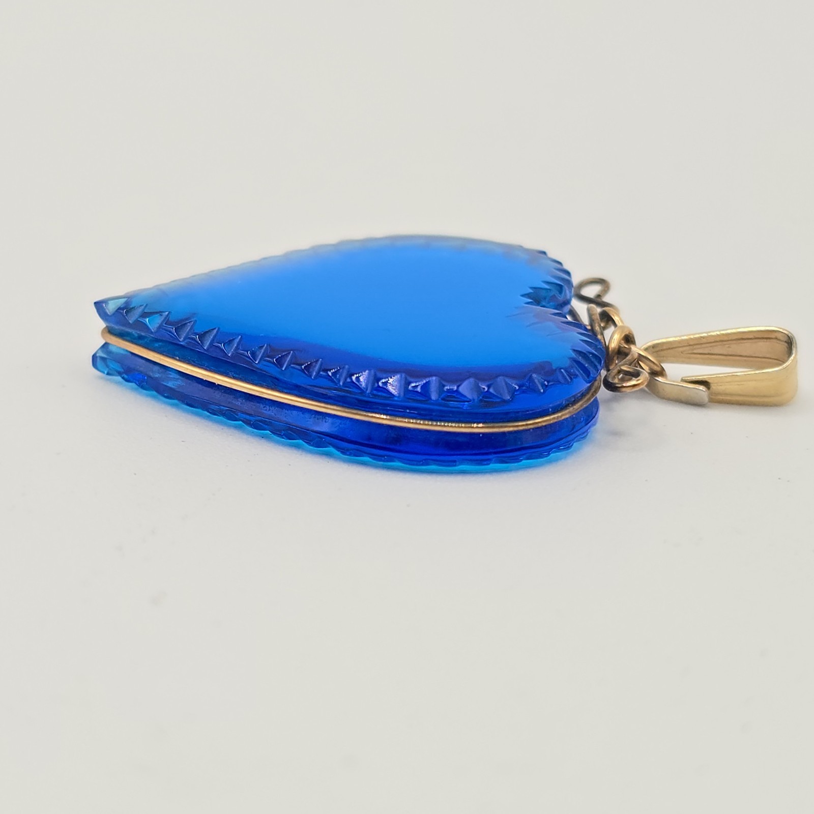 VTG Pressed Glass Heart Pendant 2 Pc Lot, Blue & Clear, Gold Tone Wire Wrapped