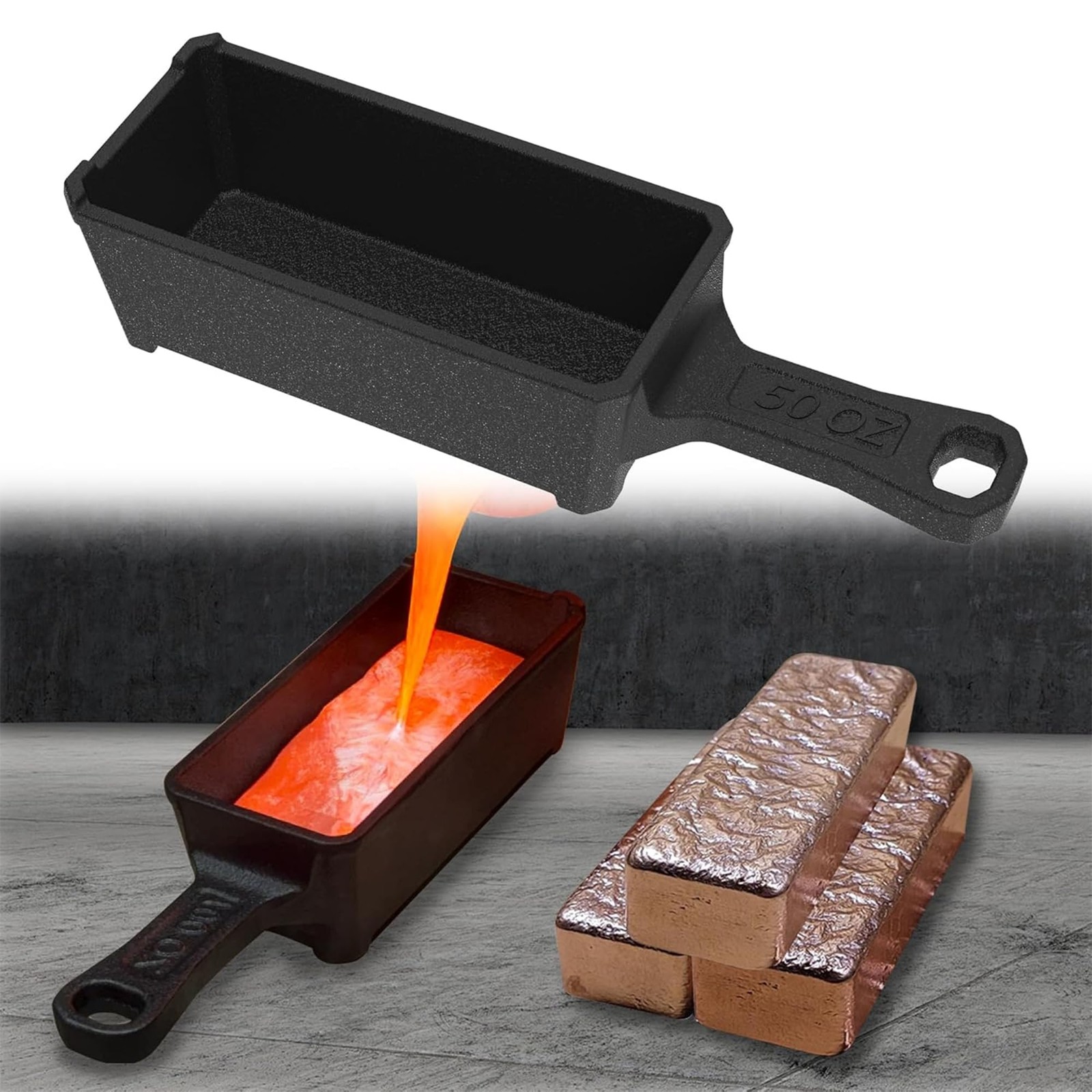 50 oz Troy Ounce Cast Iron Loaf Bar Ingot Mold Crucible with Handle for Melti…