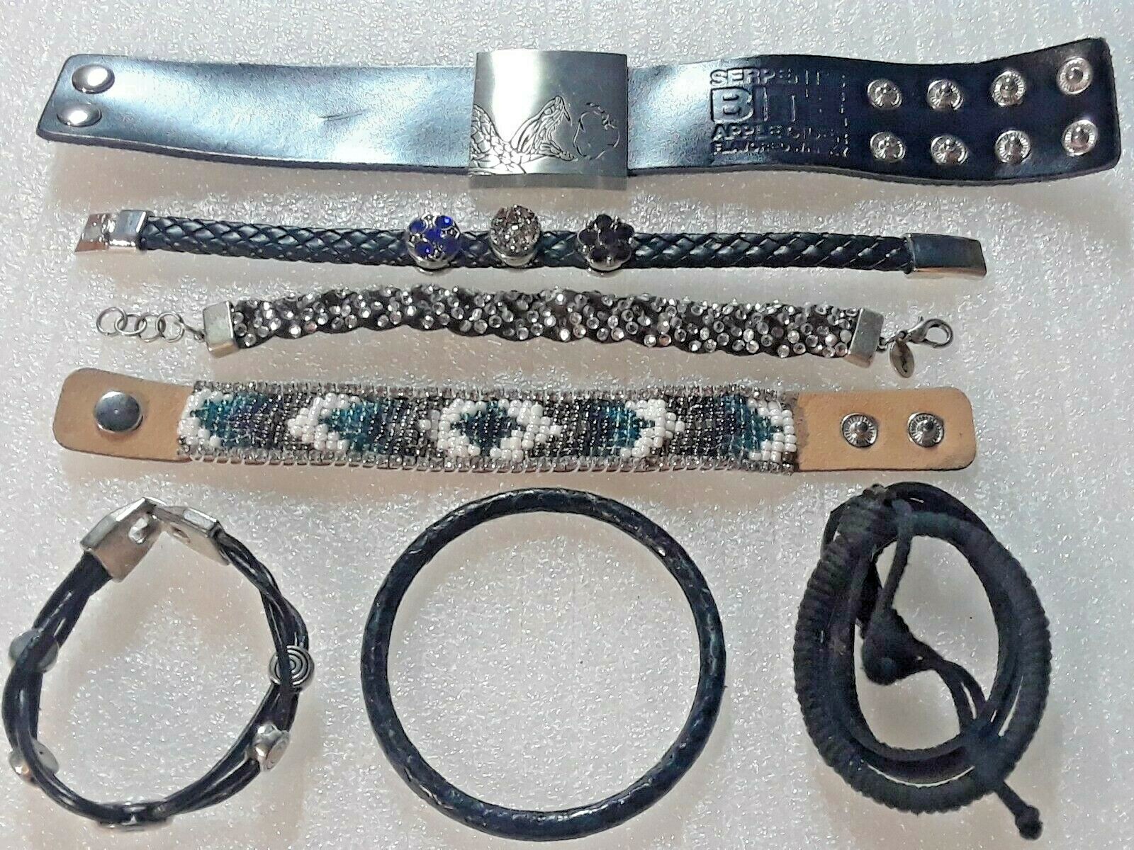 Black band, interchangeable charms, leather, beads, serpents bite. bracelets