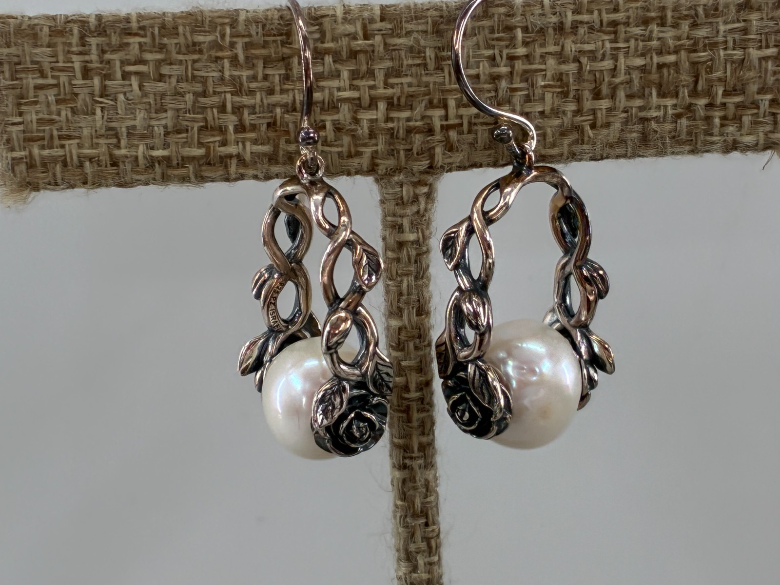 Or Paz White Cream Pearl Sterling Silver French Hook Floral Earrings Oxidized