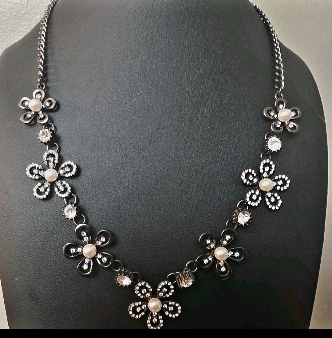 Black, Gun Metal, Faux Pearls And Rhinestone Flower Necklace