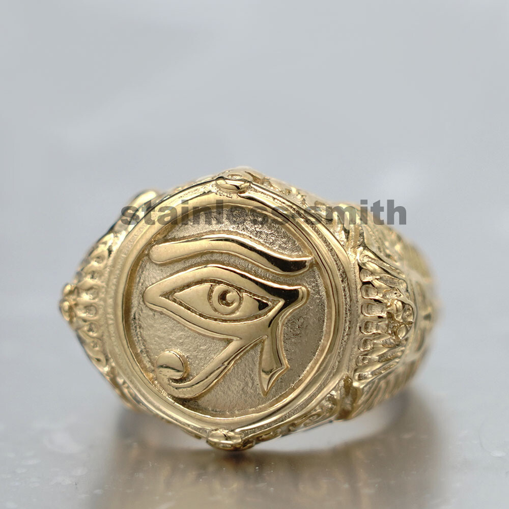 Mens Gold Egyptian Egypt Pharaoh Eye Of Horus Ra Ring Stainless Steel Size 7-15
