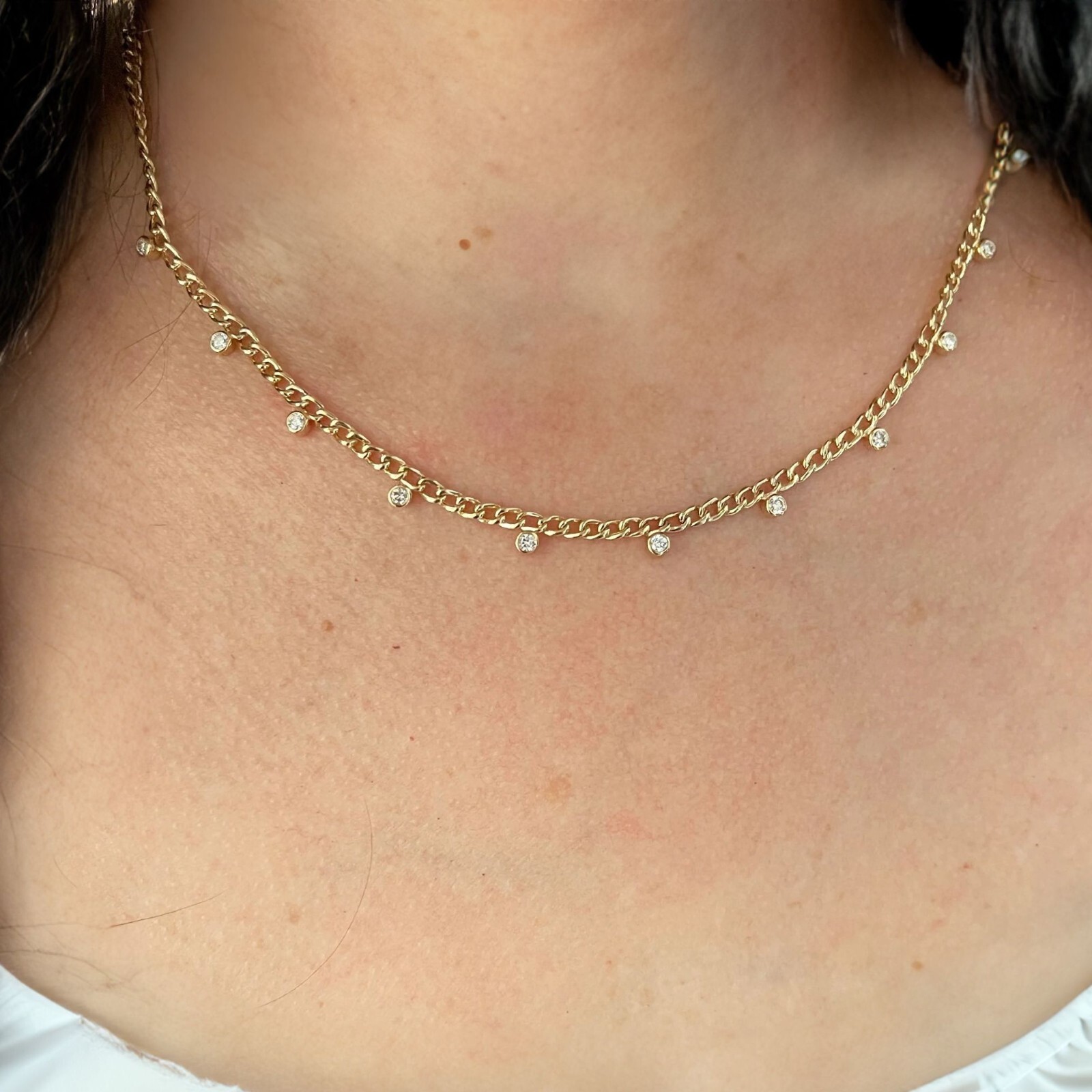 14K Gold Cz Stone Station Necklace, 0.23 ct Bezel Set Cz Stone Choker Necklace