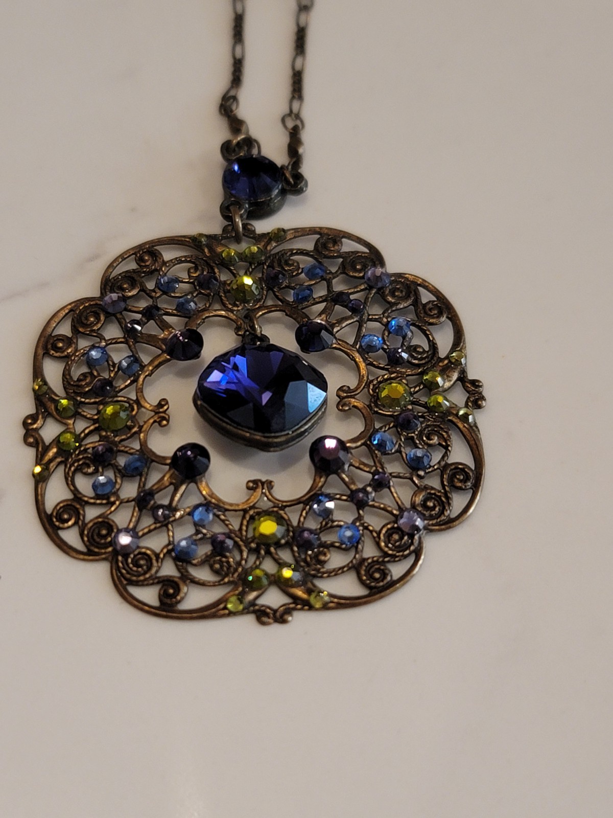 Anne Koplik Crystal Filigree Pendant Necklace Purple Blue Green Edwardian Style