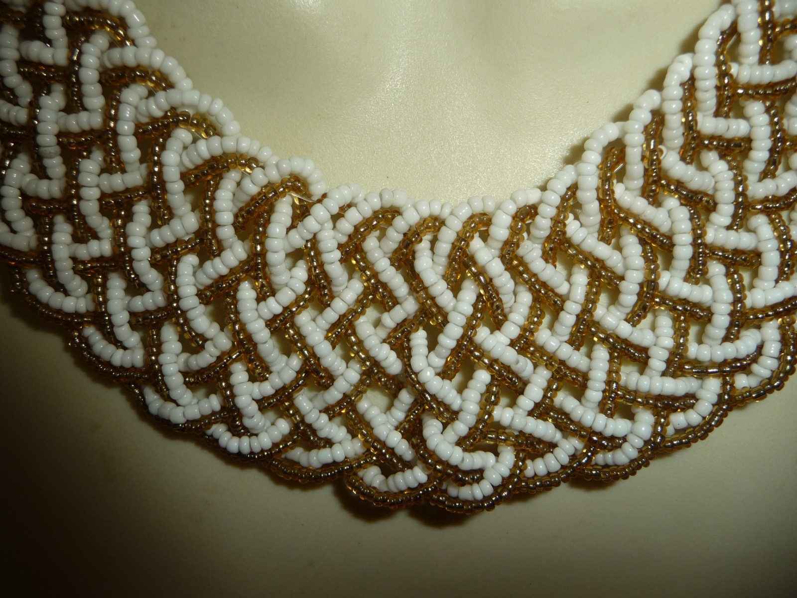 1 1/2” w white & gold tone seed micro beads COLLAR NECKLACE #29/30