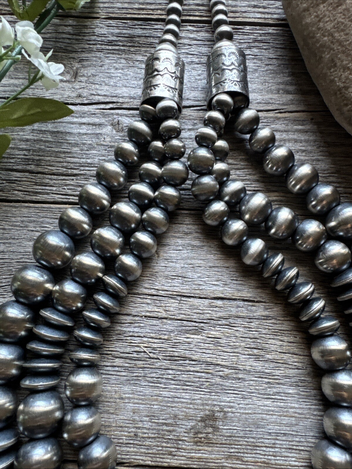Sterling Silver Layered Multi Strand Pearls Bead Necklace 22 Inch “Navajo Style”