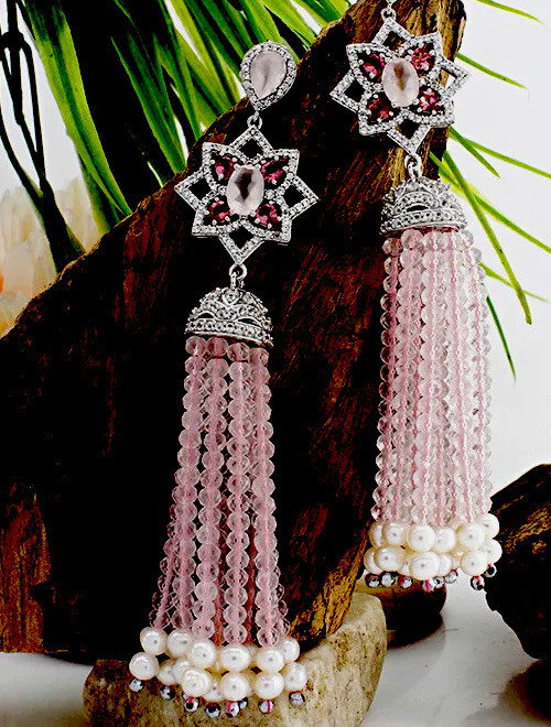QVC Sterling Silver 7.25ct Rose Quartz Tassel Drop Earrings