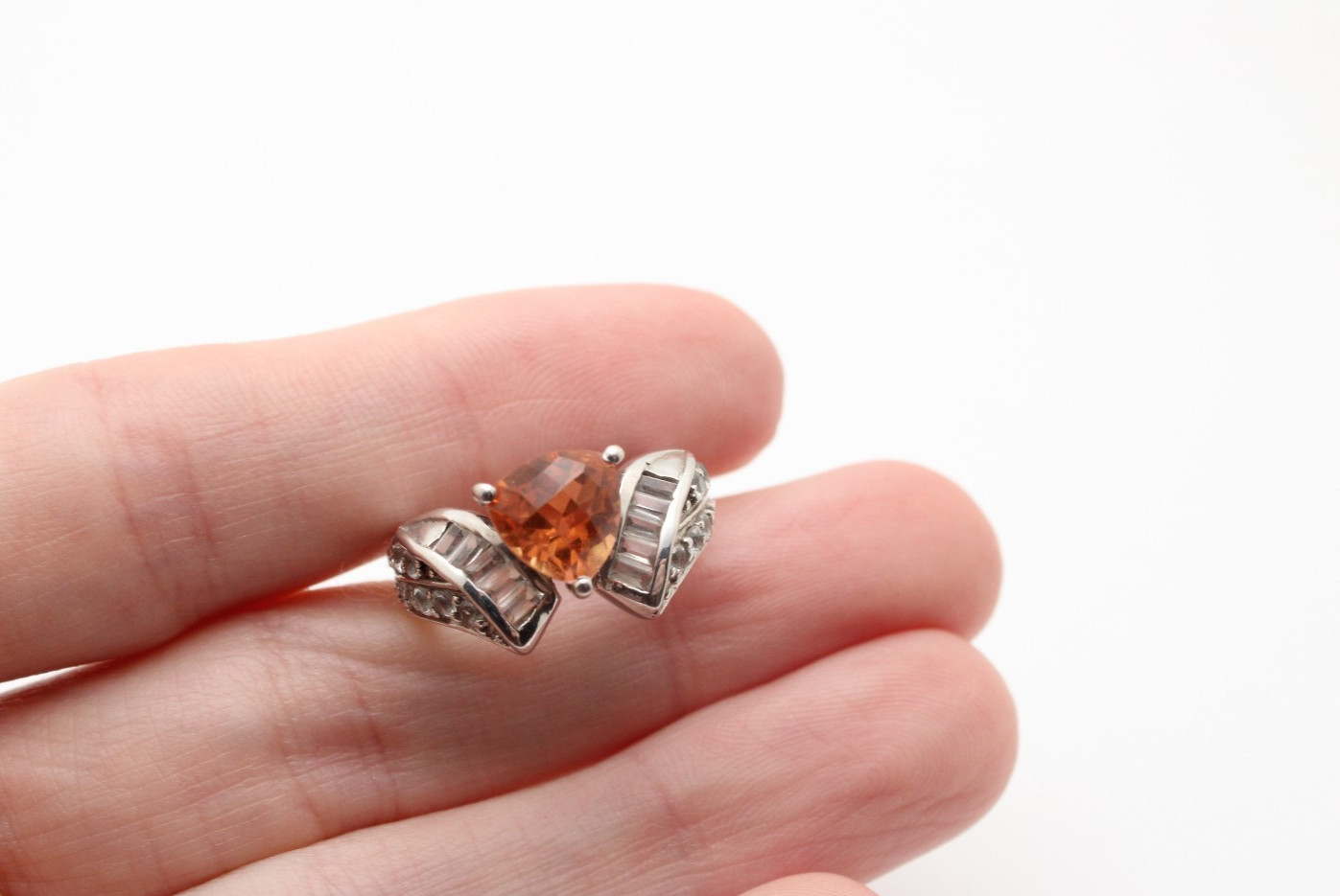 925 Sterling Silver Trillion Spessartine Garnet White Topaz Cluster Ring Sz 6