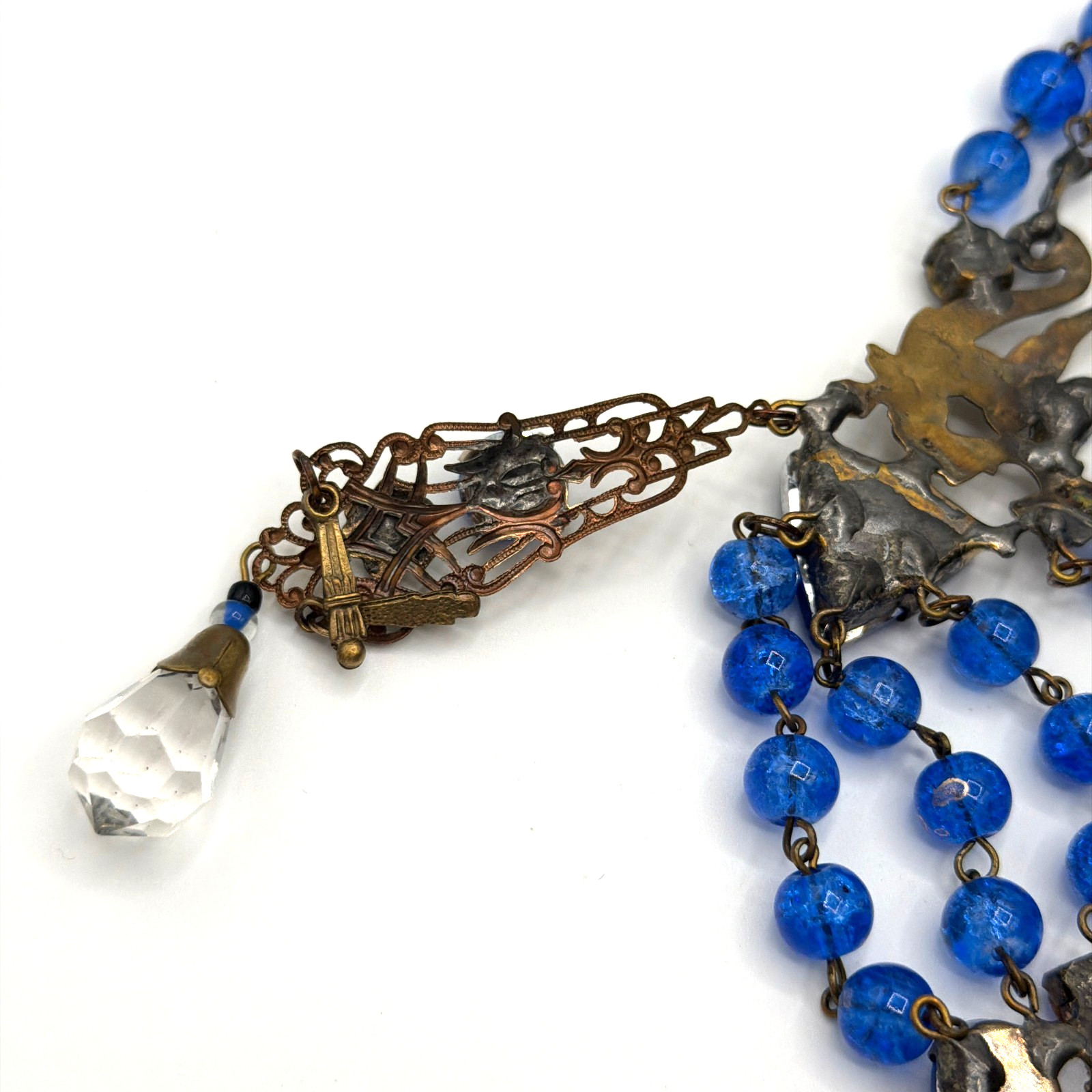 Vintage Czech Glass Necklace Blue Beads Multi Strand Dragon Motif Statement
