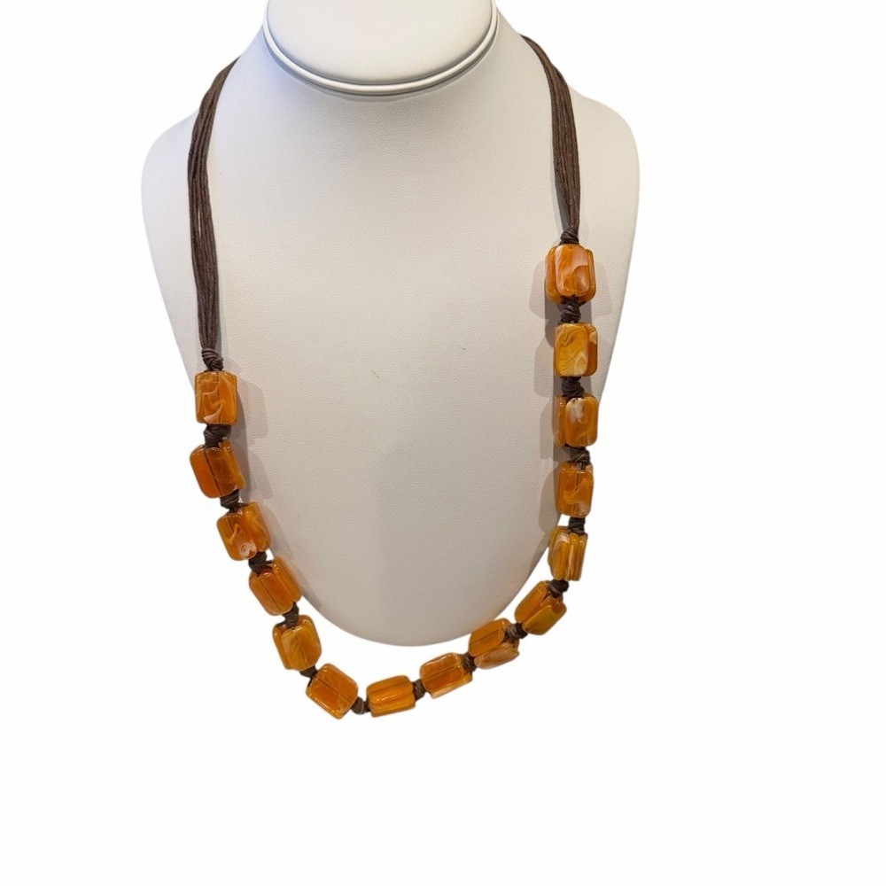 Chunky Amber Look Bead Necklace 28in Brown Cord Boho Artisan Statement