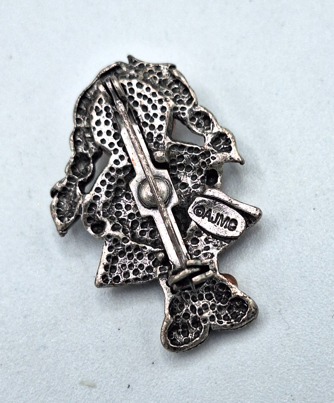 Vintage AJMC Silver Tone Girl with Heart Brooch, Rose Quartz Face