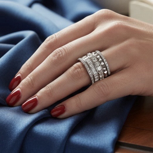 Henry Bendel Women’s Stacked 5 Silver Ring Swarovski Crystals Size 6-6.25