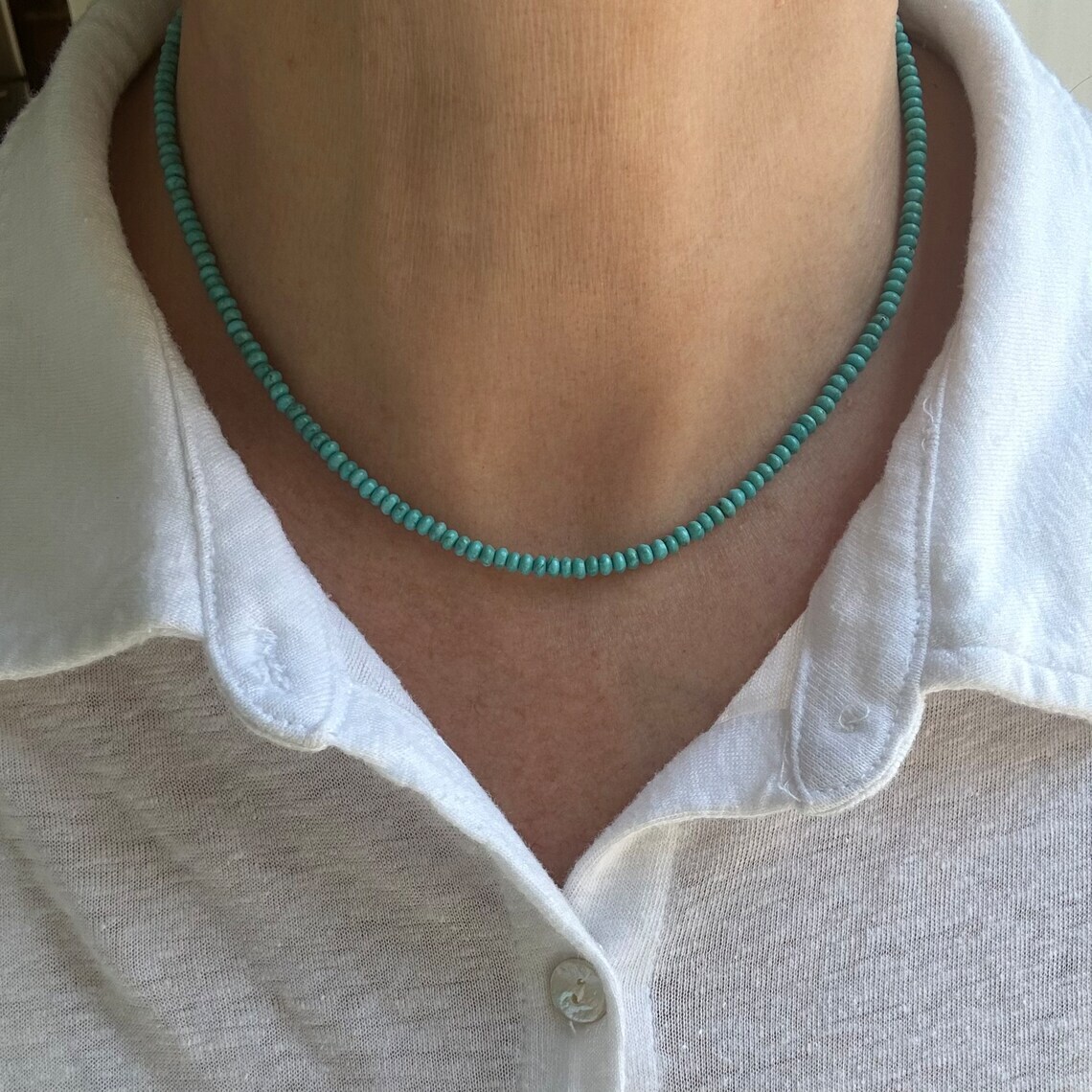 Blue Green Small Seed Bead Arizona Turquoise Necklace, Tiny Delicate Dainty 3mm
