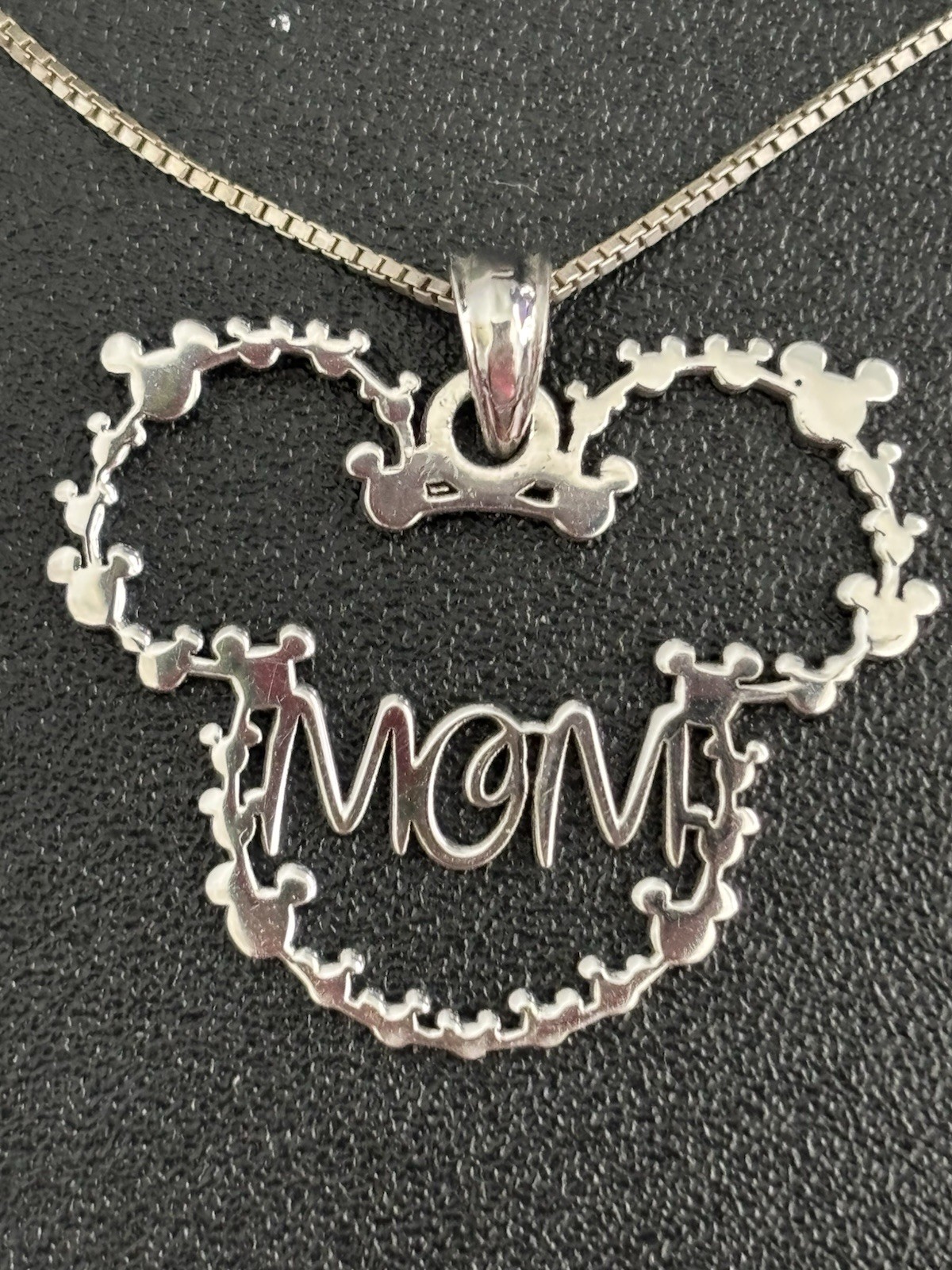 925 Sterling Silver Signed MOM Mickey Mouse Pendant Box Chain Necklace