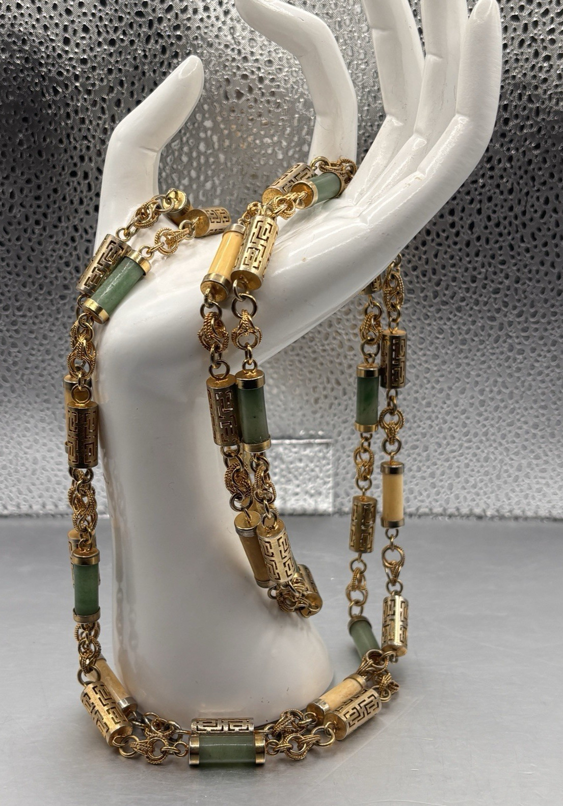 Pair Chinoiserie Style Gold Tone Jade Necklaces Ornate 29” Philippine