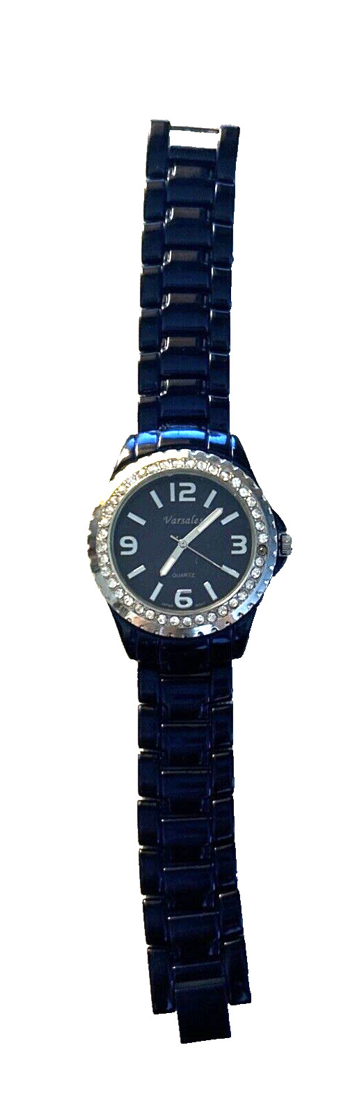Varsales Women’s 7.5″ Silver Tone Gemmed Watch Black Band New Battery