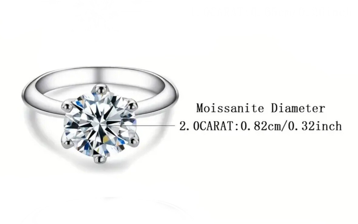 2 Carat Moissanite Solitaire Engagement Ring 925 Sterling Silver Size 7