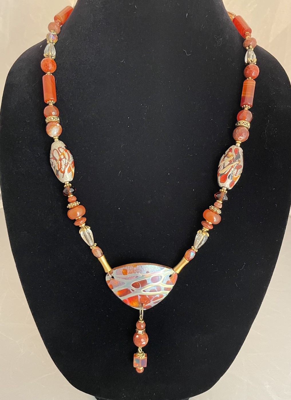 Metal Glass Quartz Stone Pendant Necklace 25 inch Stunning Fire Gift Artisan