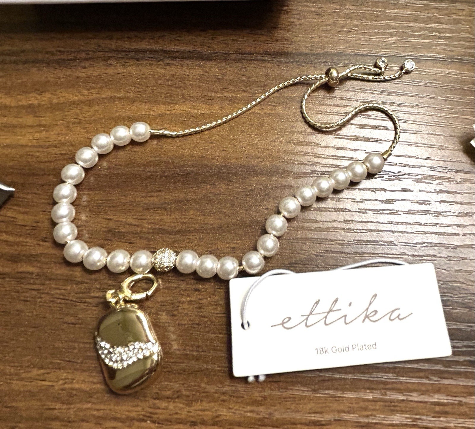 Ettika Pearl Slider Bracelet & Crystal Wave Charm Set 18k Gold Plated NIB