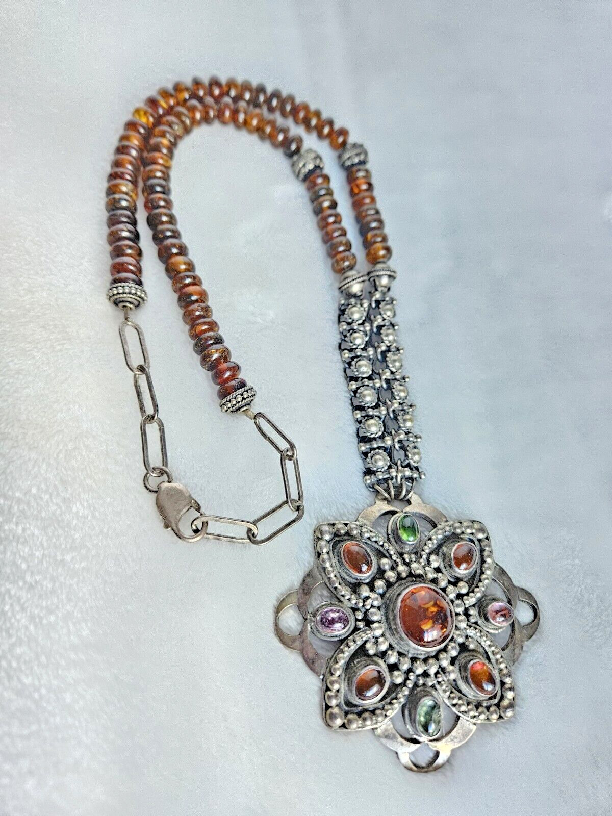 Vintage 925 Solid Sterling Silver Multicolor Amber Large Pendant Necklace