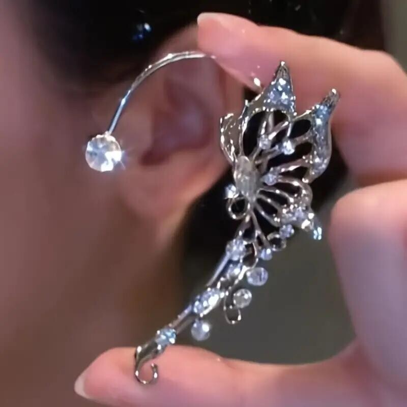 Fashion Women Silvery Zicron Inlaid Butterfly Sparkling Earrings Left Ear Cuff
