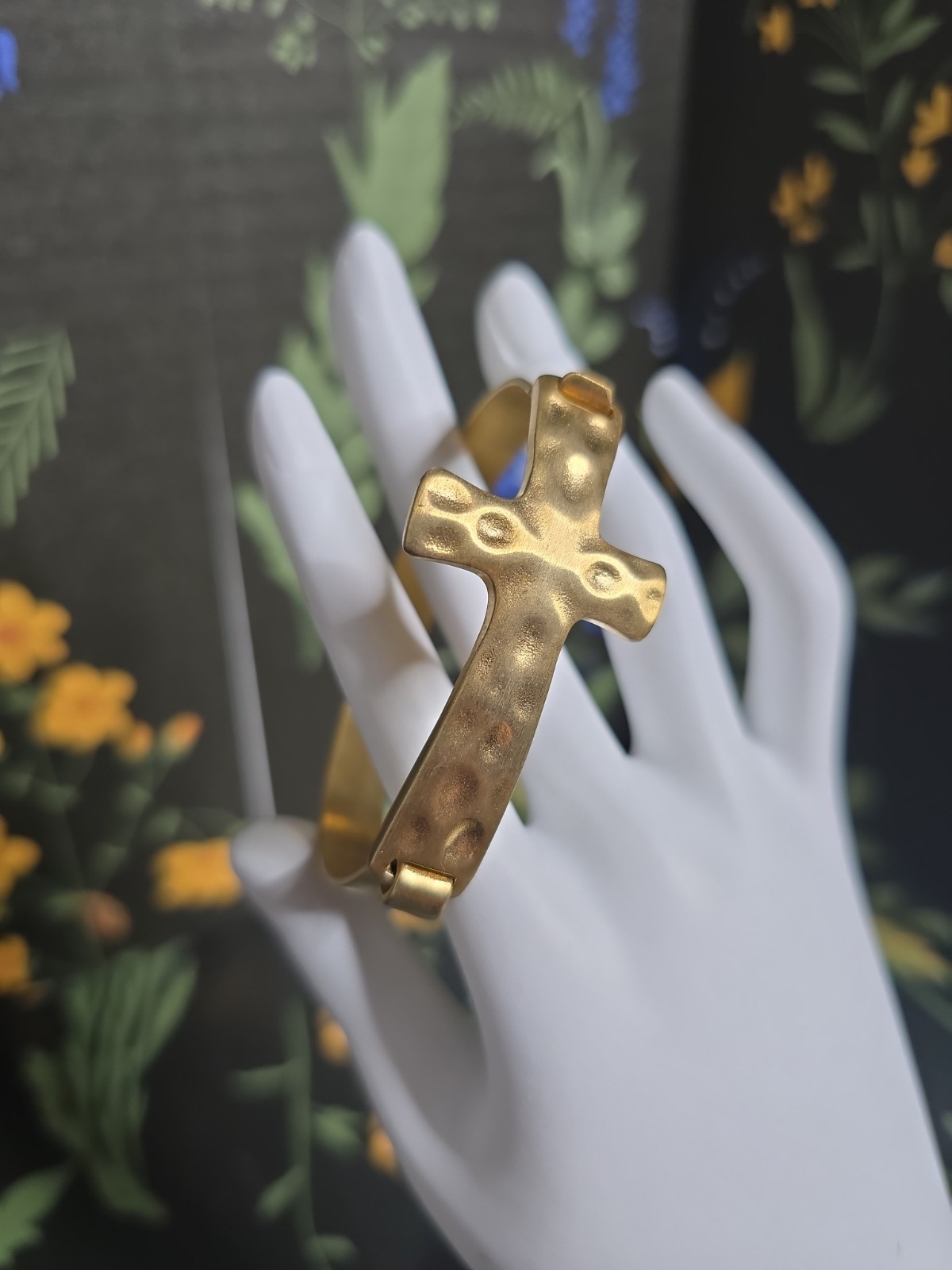 Gold or Silver Finish Hammered Metal Bohemian Style Cross Bracelet