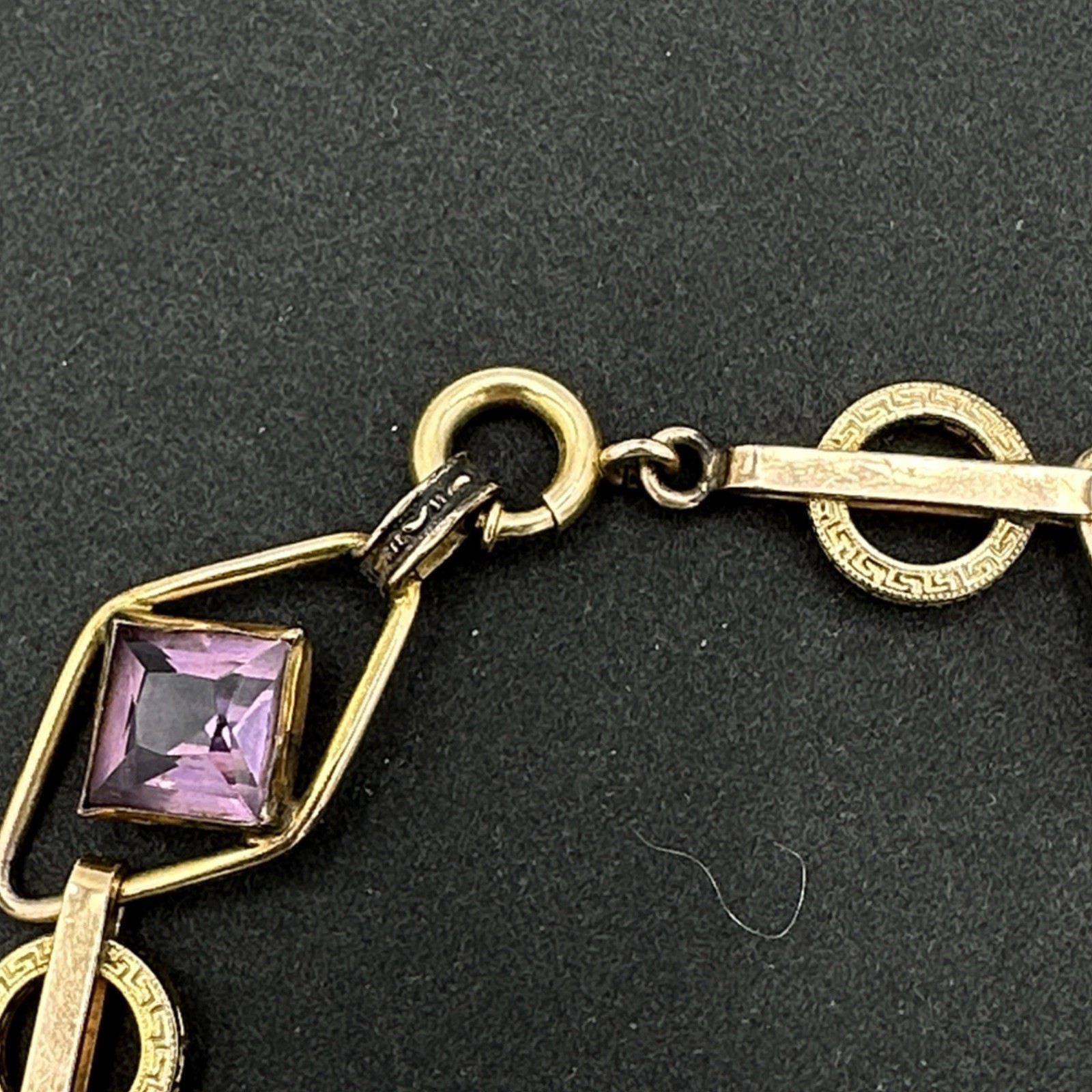 ART DECO 12K gold-filled bracelet – vintage purple amethyst glass embossed links