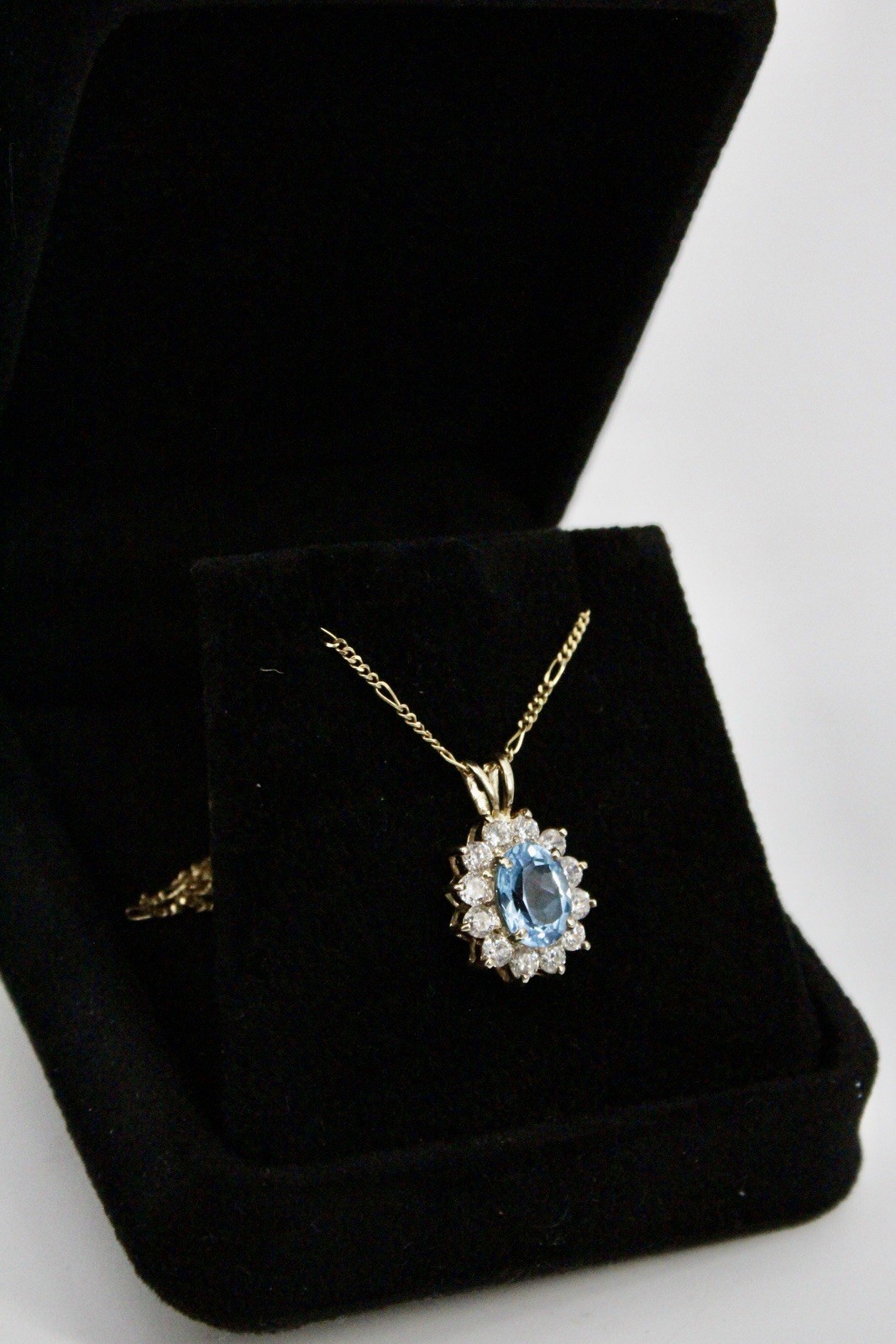 Blue Topaz Halo Pendant, 3.63 Carats 10K Gold
