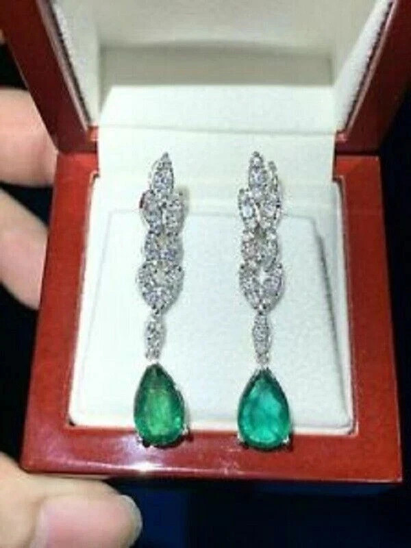 2.13Ct Pear Cut Lab-Created Emerald & Diamond Wedding 14k White Gold FN Earrings