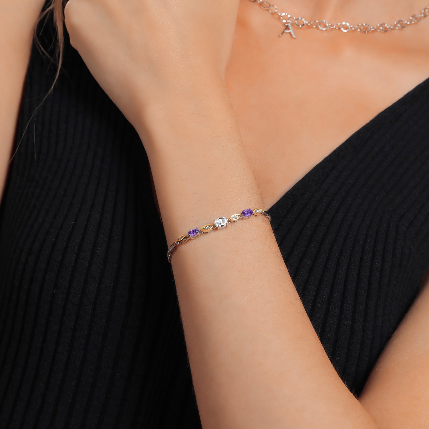 925 Silver and 10K Yellow Gold White Created Sapphire and Amethyst and White
