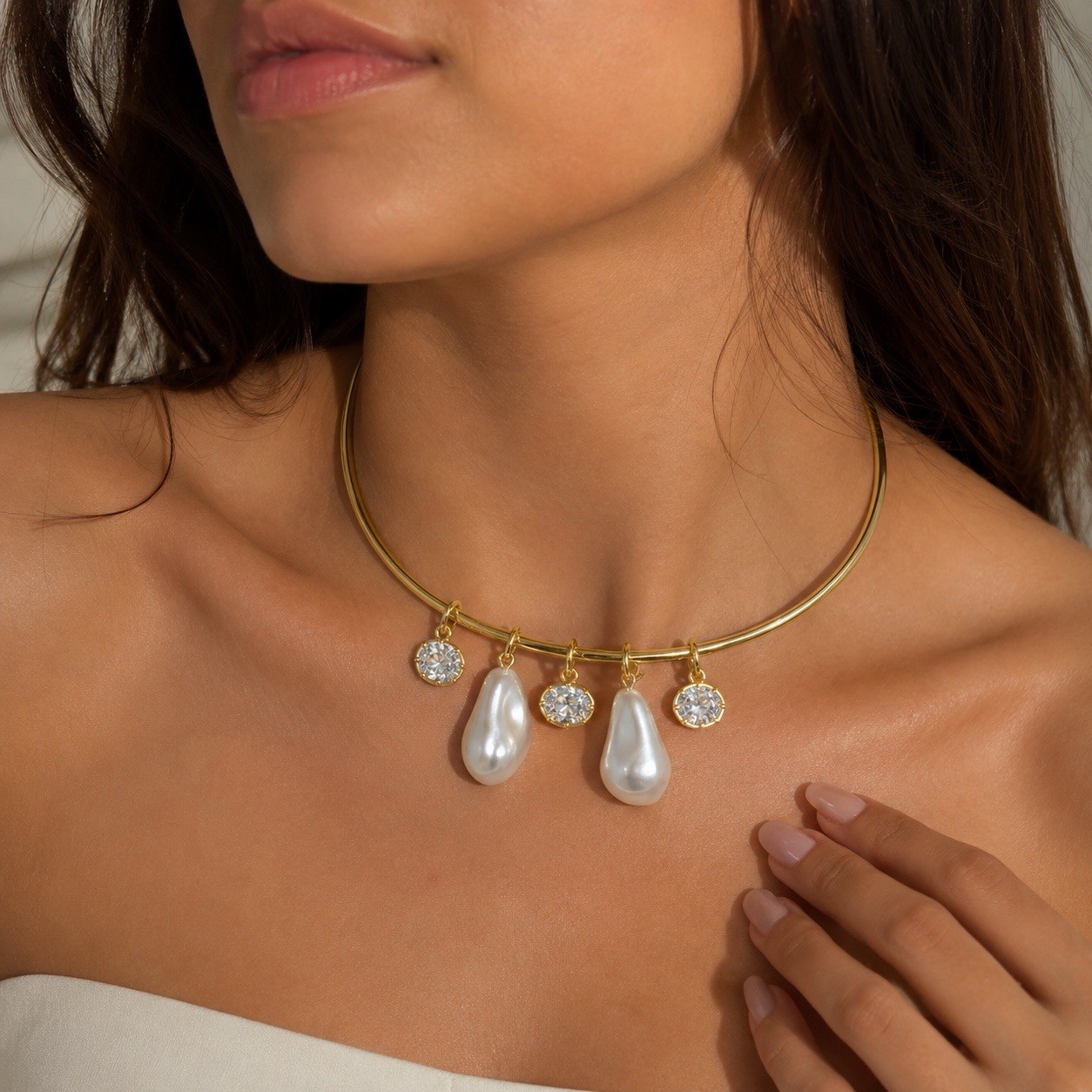 Gold Pearl Charm Choker Necklace, Baroque Pearl & Crystal Statement Necklace