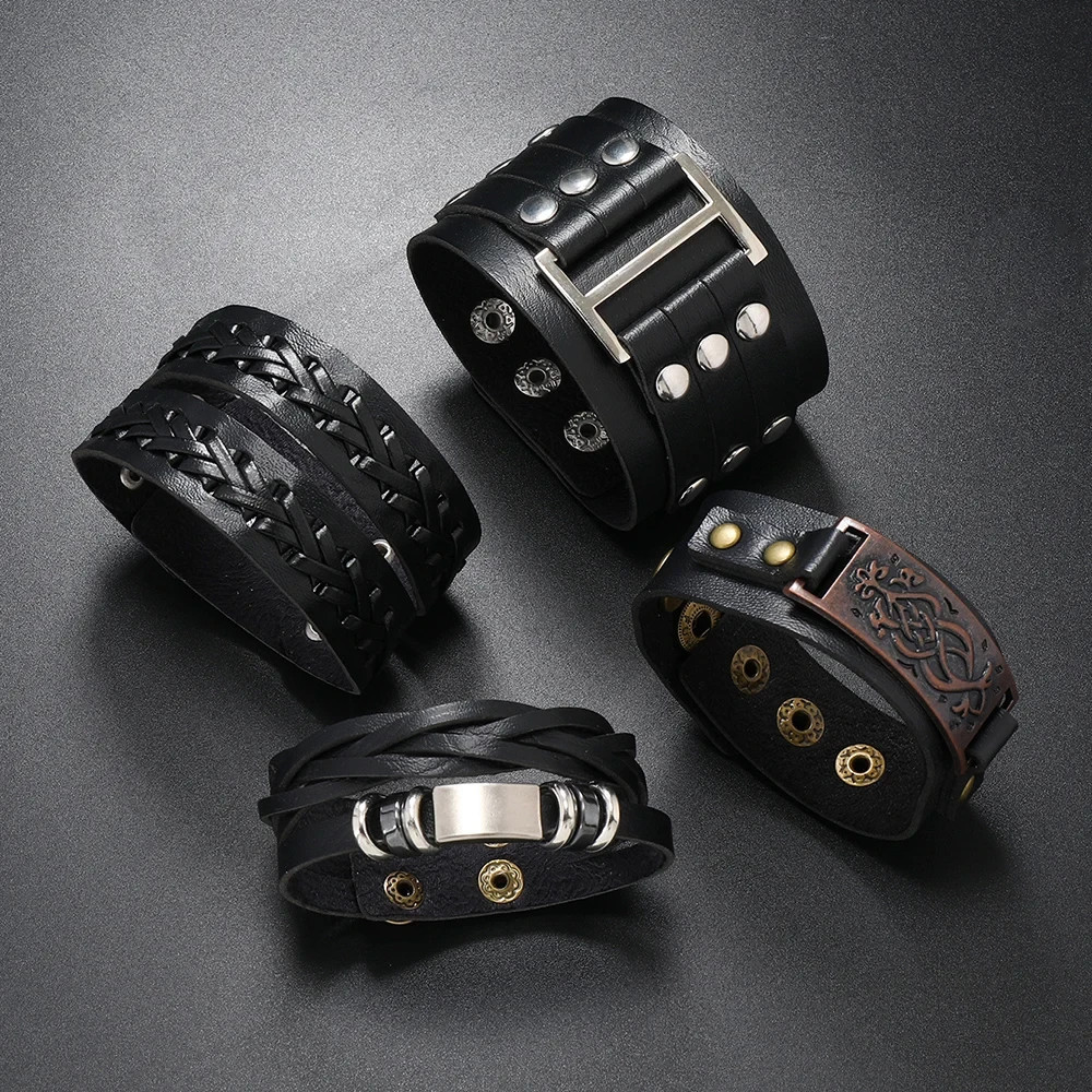 4PCS Men’s Punk Leather Bracelet Set Braided Cuff Wristband Rock Bangle Gift