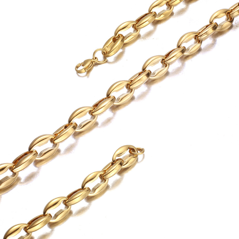 12mm 22″New Gold Tone Men Women Chain Link Stainless Steel Coffee Beads Necklace