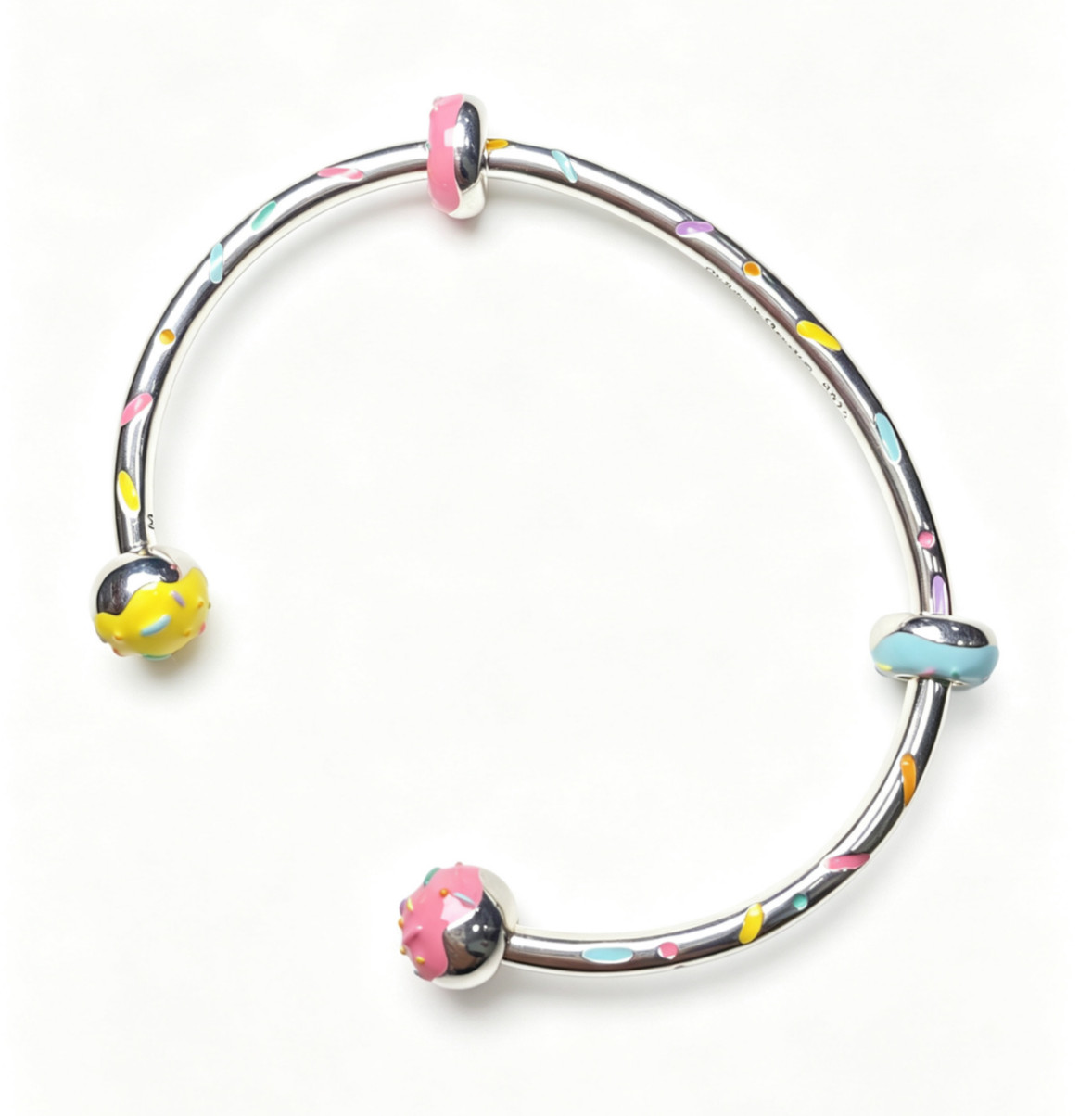 925 Sterling silver donut bangle with 2 stoppers cuff bracelet fit wrist 15-17cm